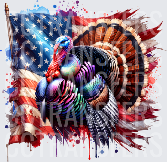 Patriotic Wild Turkey American Flag Watercolor Splatter (DTF)