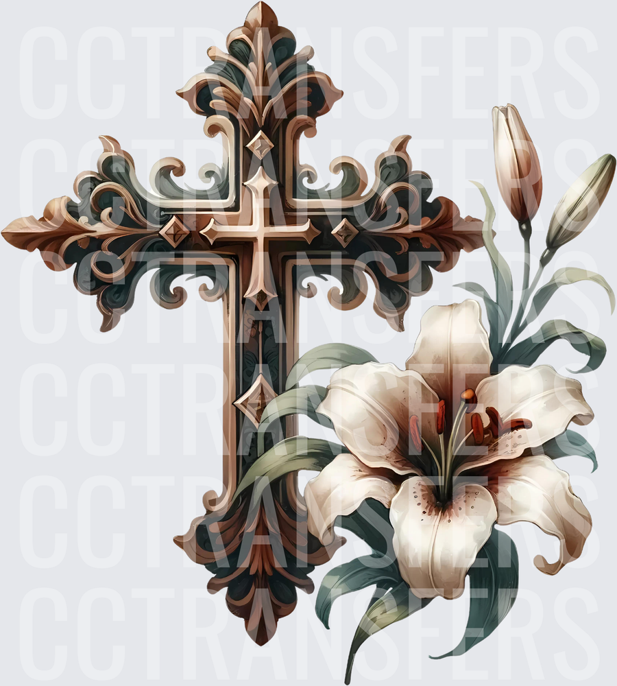 Ornate Baroque Cross with White Lily Floral Accent (DTF)