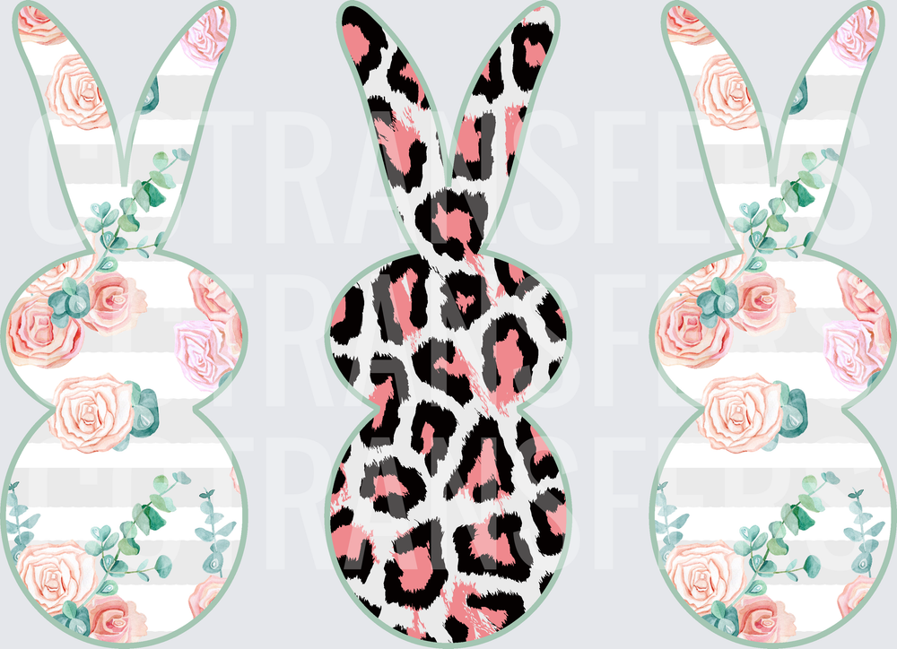 Three Easter Bunnies Floral Stripe Leopard Print (DTF)