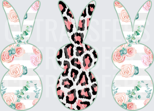 Three Easter Bunnies Floral Stripe Leopard Print (DTF)