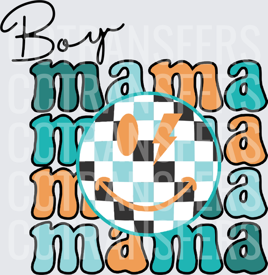 Boy Mama Stacked Retro Checkered Smiley Face (DTF)