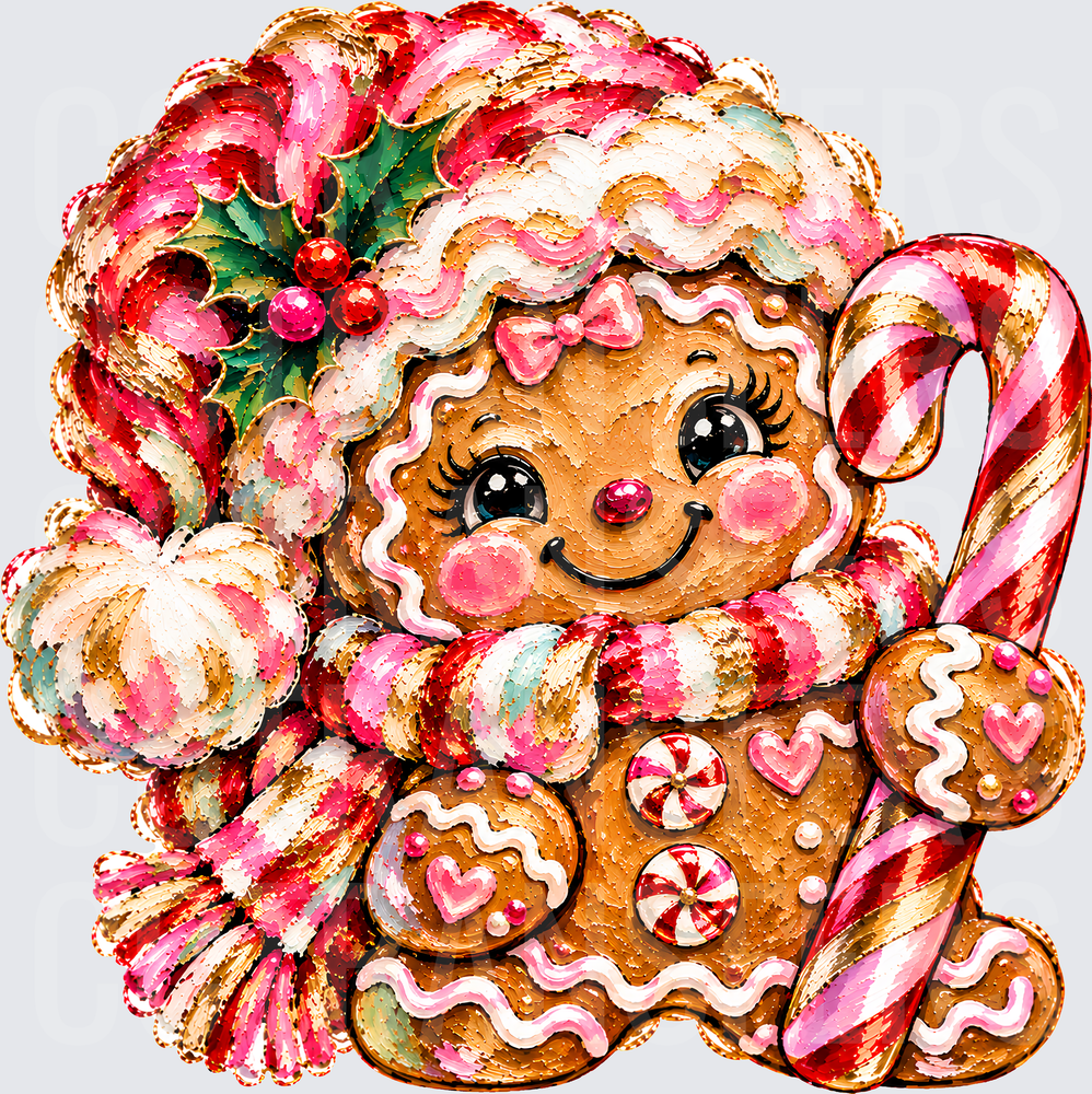 Cute Gingerbread Girl Candy Cane Holly Christmas (DTF)