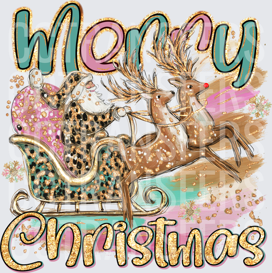 Merry Christmas Leopard Print Santa Sleigh Reindeer (DTF)
