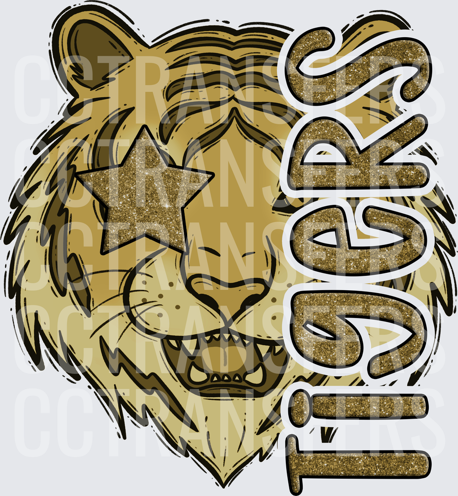 Gold Glitter Tiger Face Star Eyes Tigers Mascot (DTF)
