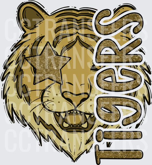 Gold Glitter Tiger Face Star Eyes Tigers Mascot (DTF)