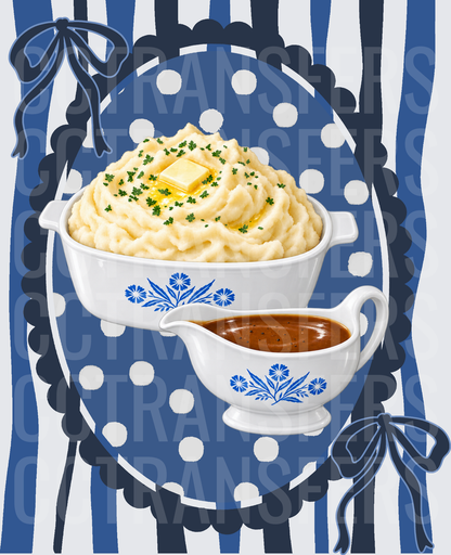 Mashed Potatoes with Butter and Gravy Boat Blue Floral (DTF)