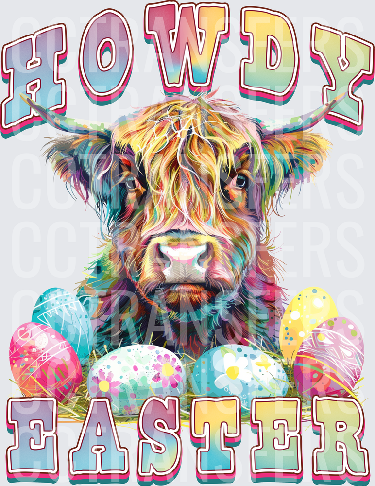 Howdy Easter Colorful Highland Cow with Easter Eggs (DTF)
