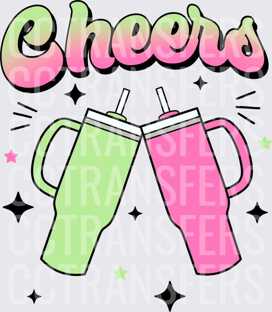 Cheers Green and Pink Tumbler Cups Clinking Stars (DTF)