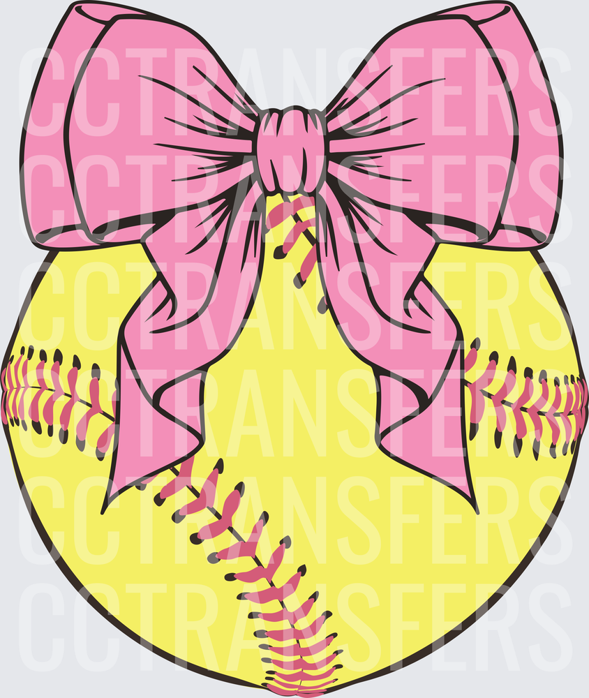 Yellow Softball with Pink Bow and Stitching (DTF)