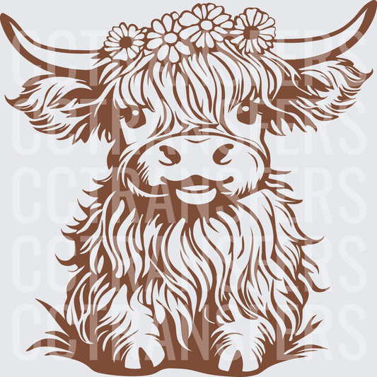 Cute Fluffy Highland Cow With Daisy Flower Crown (DTF)