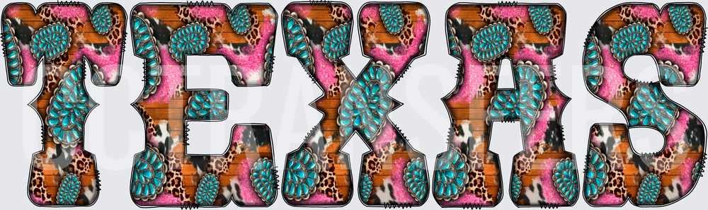 Texas Bold Letters Leopard Cowhide Turquoise Squash Blossom (DTF)