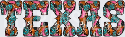 Texas Bold Letters Leopard Cowhide Turquoise Squash Blossom (DTF)