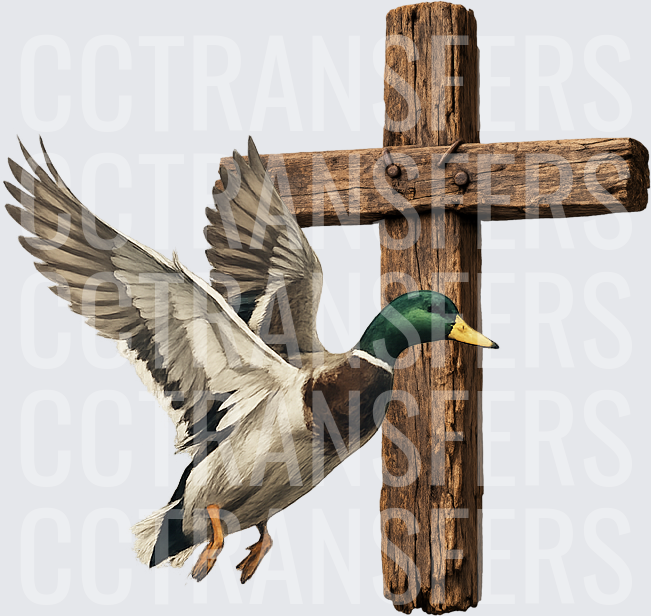 Mallard Duck Landing on Rustic Wooden Cross (DTF)