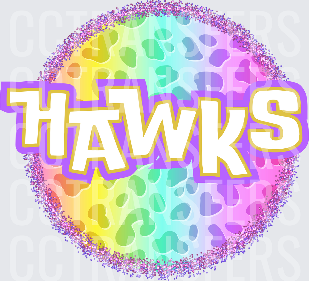 Rainbow Leopard Glitter Circle HAWKS Bold Text (DTF)
