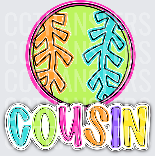 Neon Softball Cousin Colorful Bold Text (DTF)