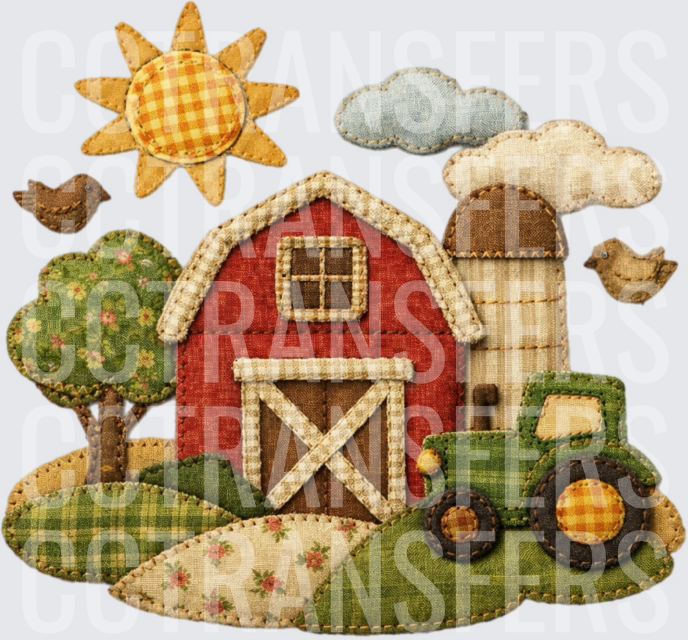 Fabric Patchwork Farm Scene with Barn Tractor and Birds (DTF)