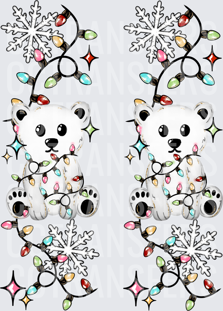 Cute Polar Bear Wrapped in Christmas Lights Snowflakes (DTF)