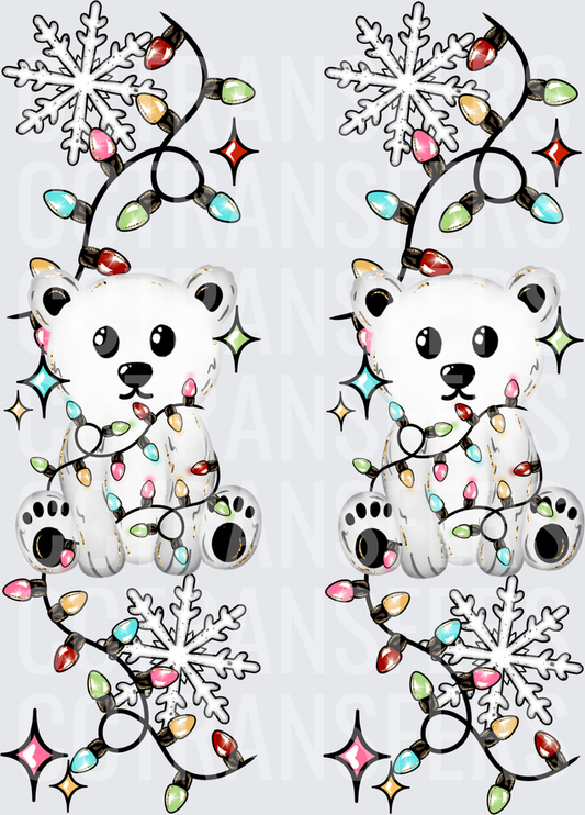 Cute Polar Bear Wrapped in Christmas Lights Snowflakes (DTF)