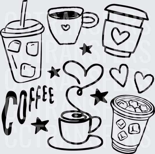 Coffee Lover Doodle Bundle with Hearts and Stars (DTF)
