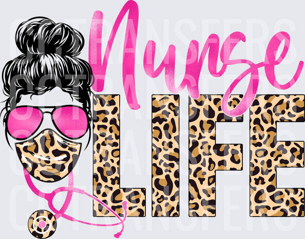 Nurse Life Leopard Print Messy Bun Woman with Stethoscope (DTF)