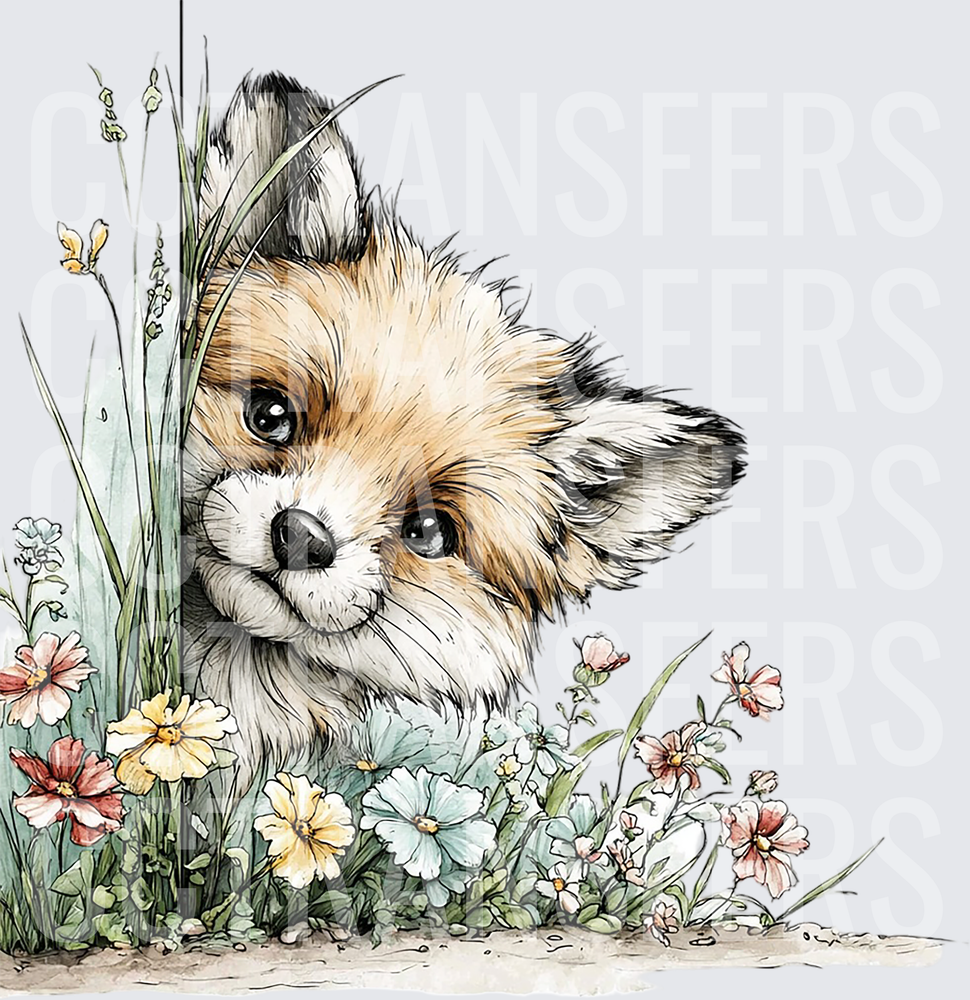 Cute Baby Fox Peeking Through Wildflowers Watercolor (DTF)
