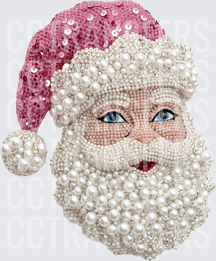 Bejeweled Santa Face Pink Sequin Hat Pearl Beard (DTF)