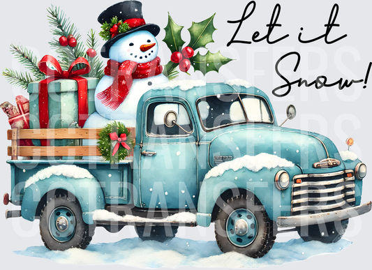 Let It Snow Snowman Vintage Blue Truck Christmas (DTF)