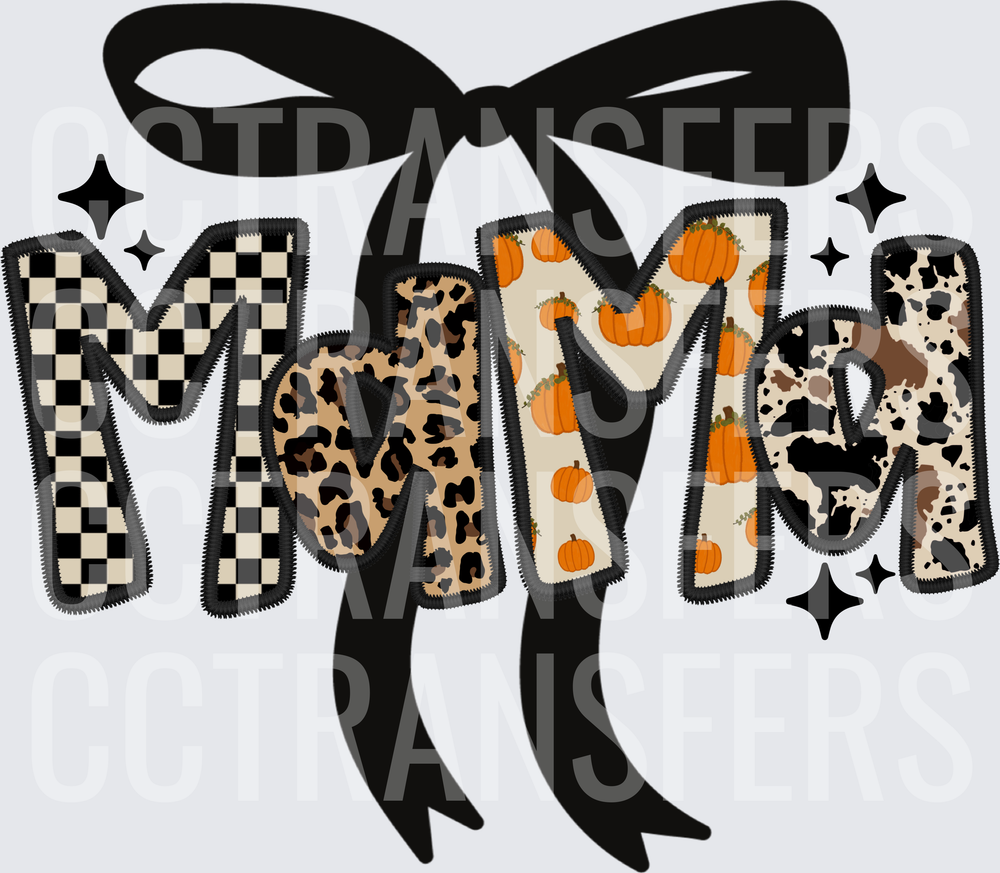 Mama Fall Patchwork Checkered Leopard Pumpkin Bow (DTF)