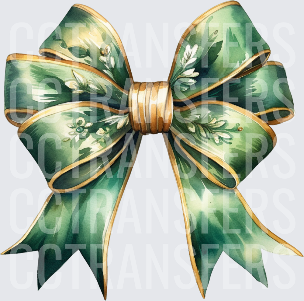 Watercolor Green Gold Floral Ribbon Bow (DTF)