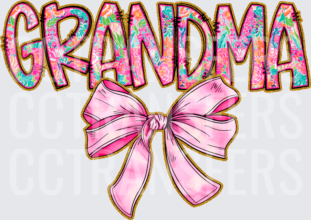 Grandma Floral Letters Gold Glitter Pink Bow (DTF)