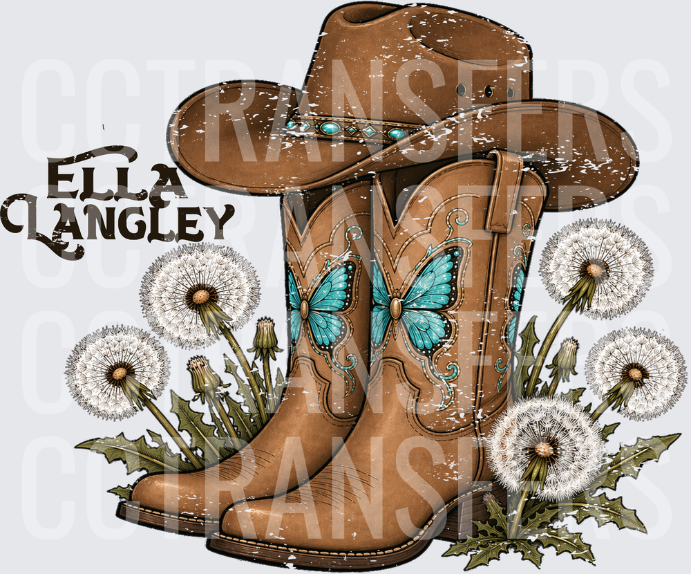 Ella Langley Cowboy Boots Hat Turquoise Butterfly Dandelions (DTF)