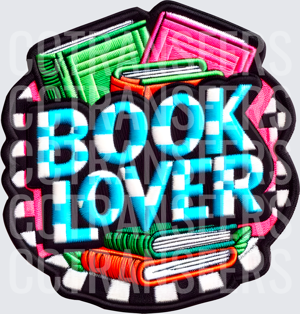 Book Lover Checkered Embroidery Patch Style Design (DTF)