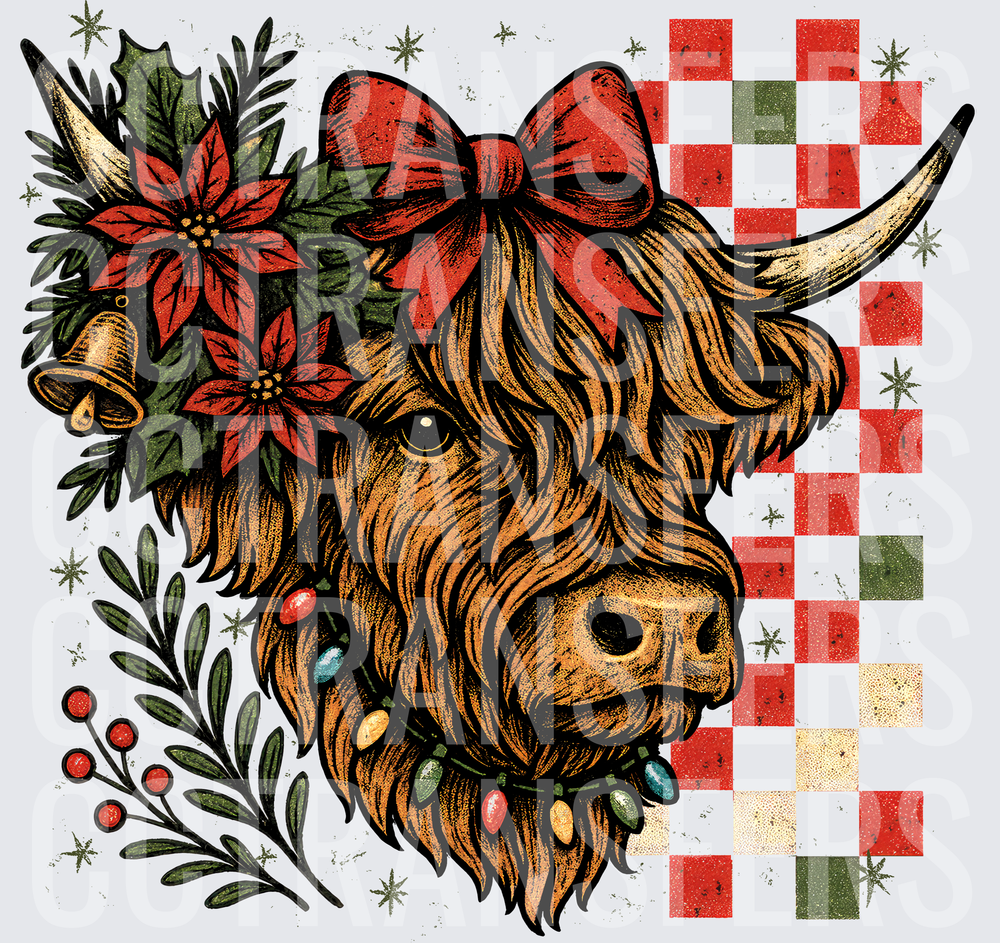 Christmas Highland Cow Red Bow Lights Checker (DTF)