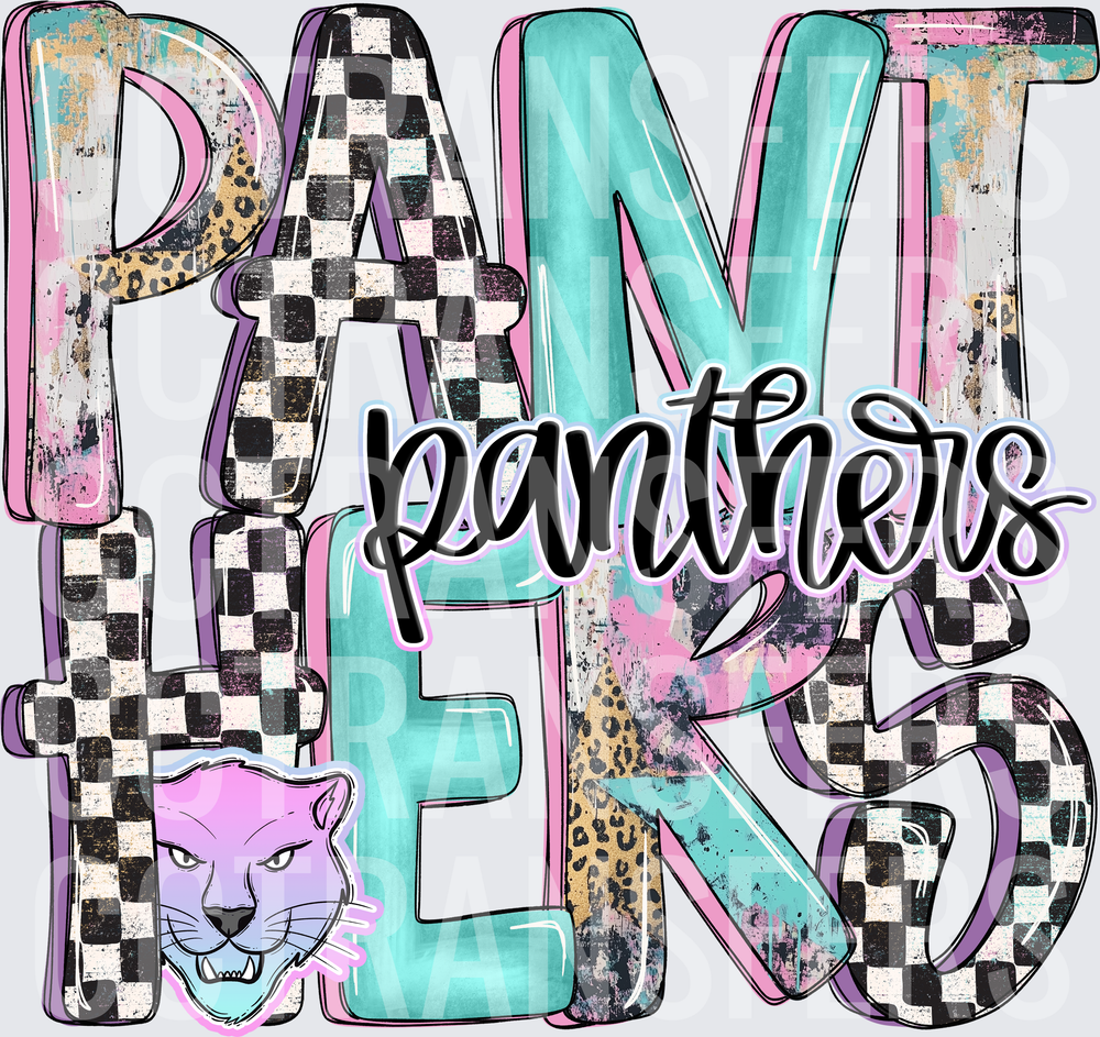 Panthers Mascot Checkered Teal Pink Purple Stacked Letters (DTF)