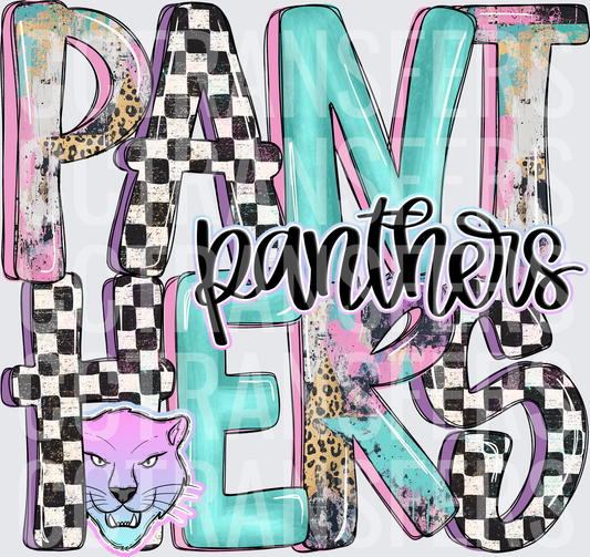 Panthers Mascot Checkered Teal Pink Purple Stacked Letters (DTF)