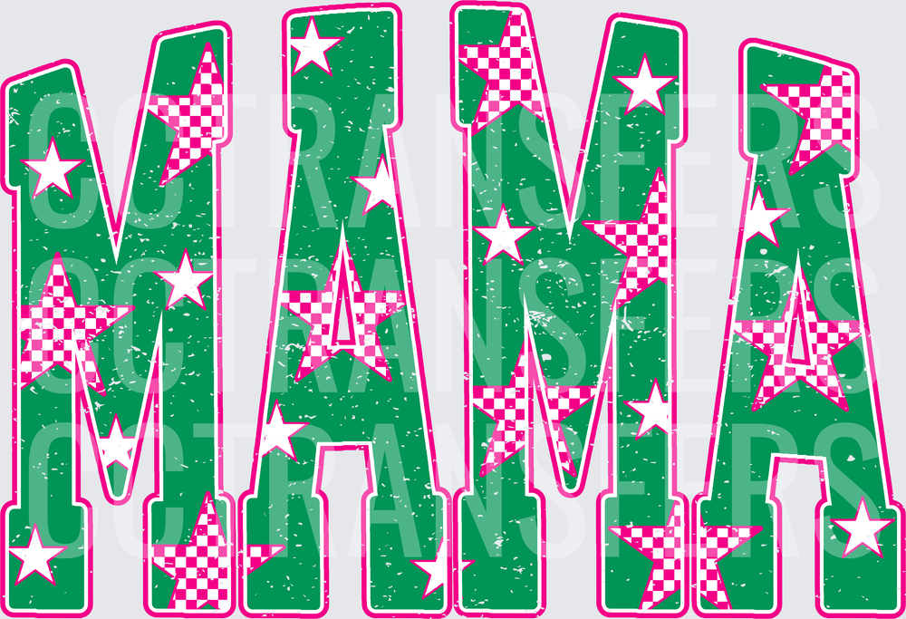 Mama Green Pink Checker Stars Distressed Bold Letters (DTF)