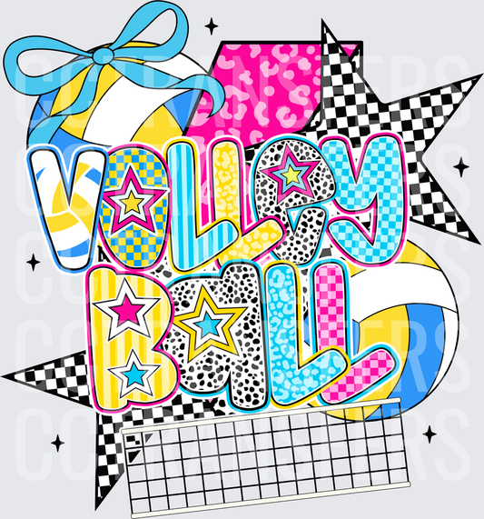 Retro Patterned Volleyball Word Art with Bow and Stars (DTF)