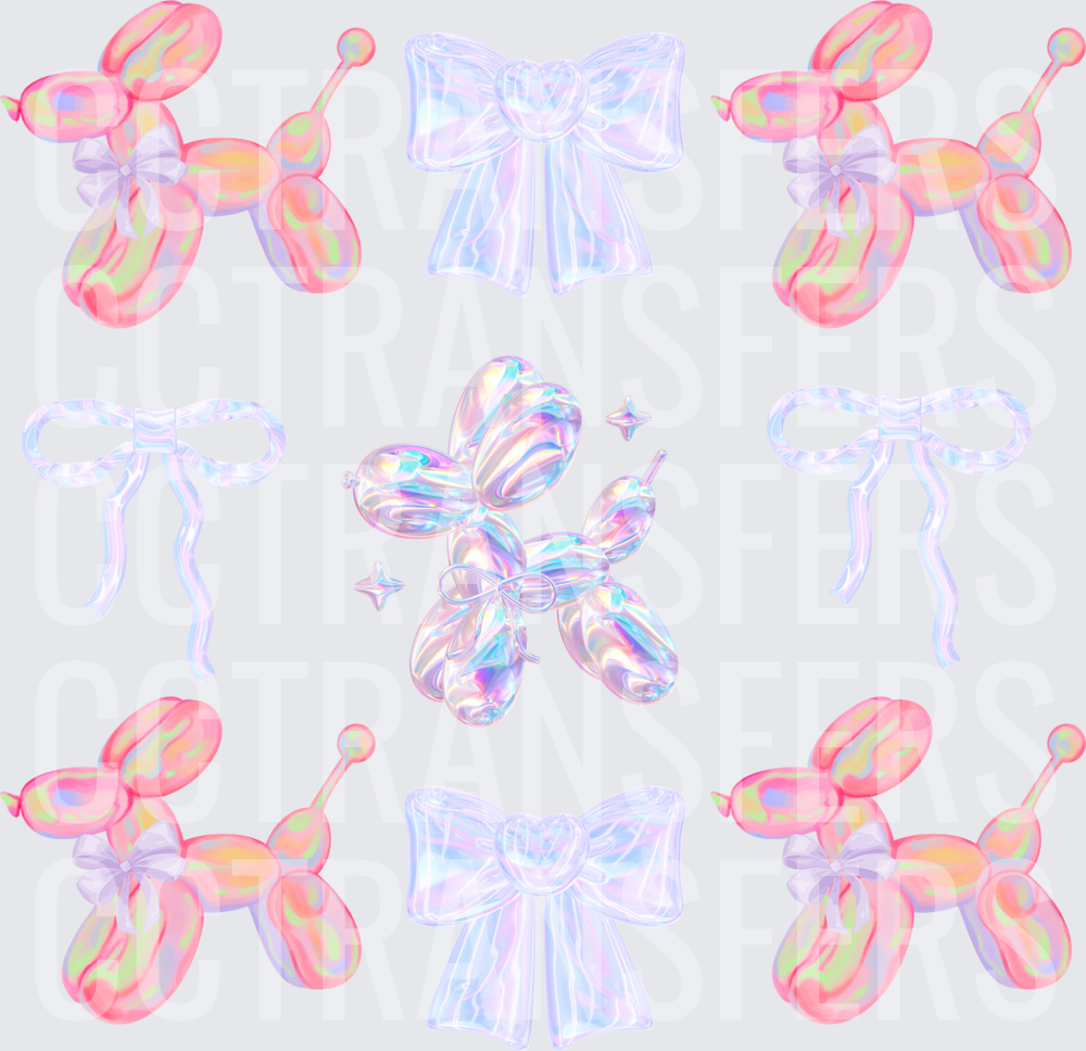 Holographic Balloon Animal Dogs and Iridescent Bows Bundle (DTF)