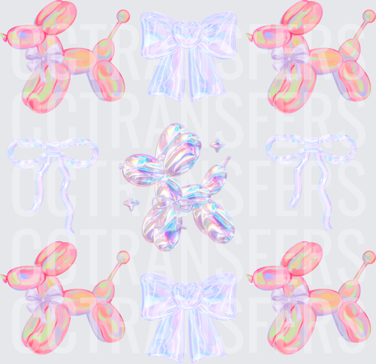 Holographic Balloon Animal Dogs and Iridescent Bows Bundle (DTF)