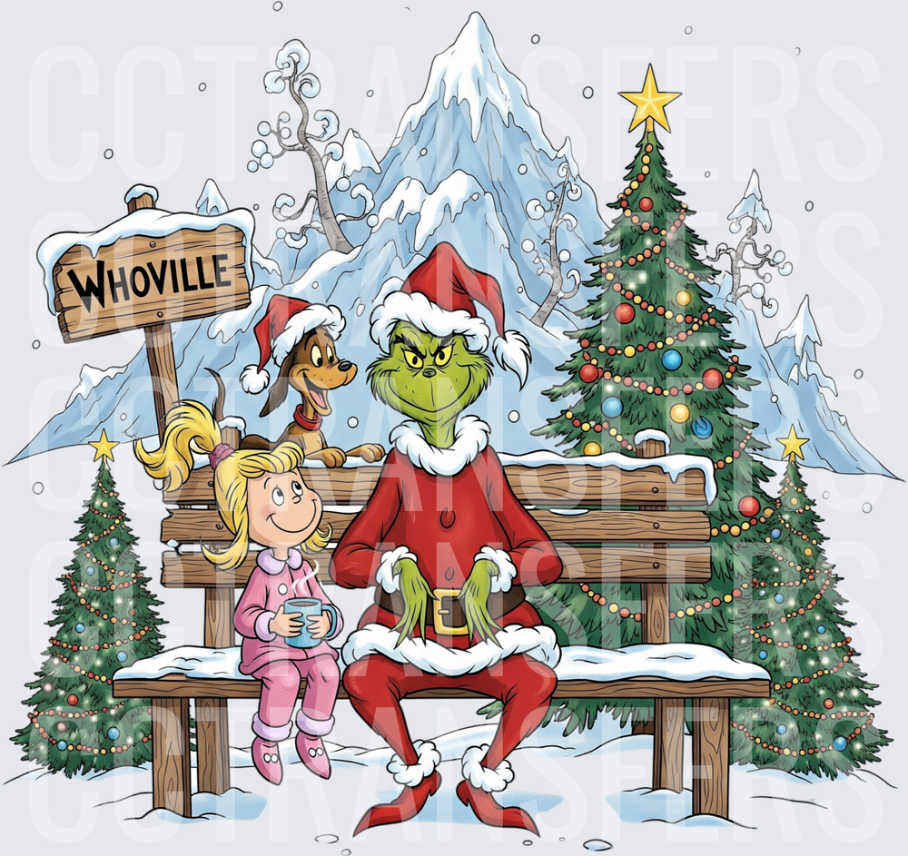 Whoville G-Man Santa with Girl and Dog on Bench (DTF)