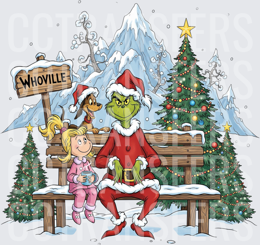 Whoville G-Man Santa with Girl and Dog on Bench (DTF)