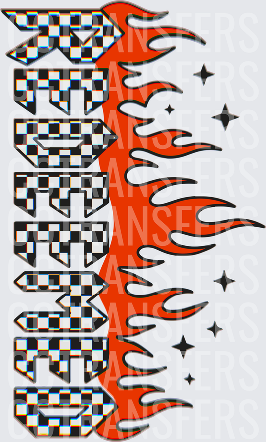 Redeemed Checkered Bold Vertical Text Red Flames Stars (DTF)