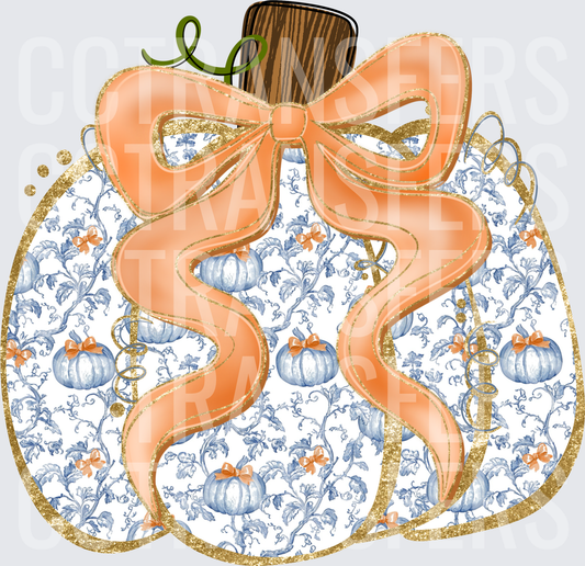 Blue Toile Pumpkin with Peach Bow Gold Glitter (DTF)