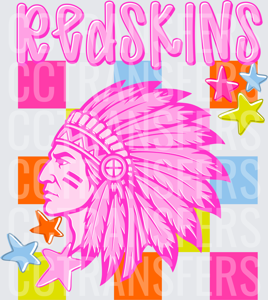 Redskins Pink Native Chief Mascot Colorful Checkered (DTF)