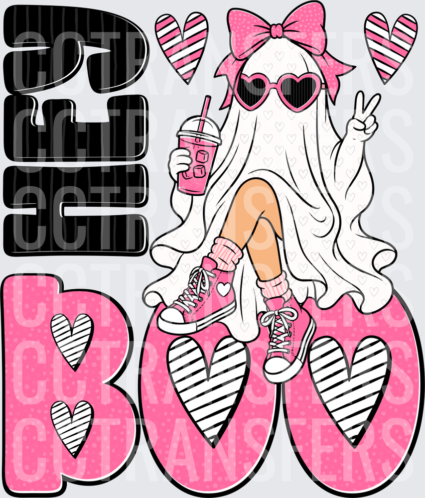 Hey Boo Trendy Ghost Girl Pink Bow Iced Drink (DTF)
