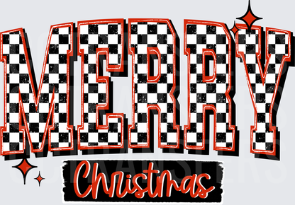 Merry Christmas Black White Checkered Bold Letters (DTF)