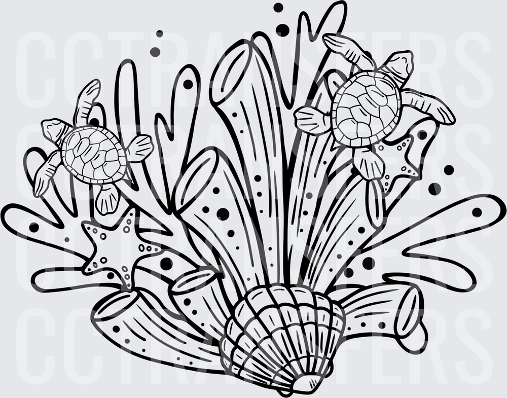 Black and White Ocean Scene with Sea Turtles and Seashells (DTF)