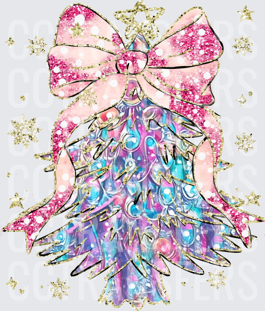 Glitter Christmas Tree Pink Bow Gold Snowflakes (DTF)