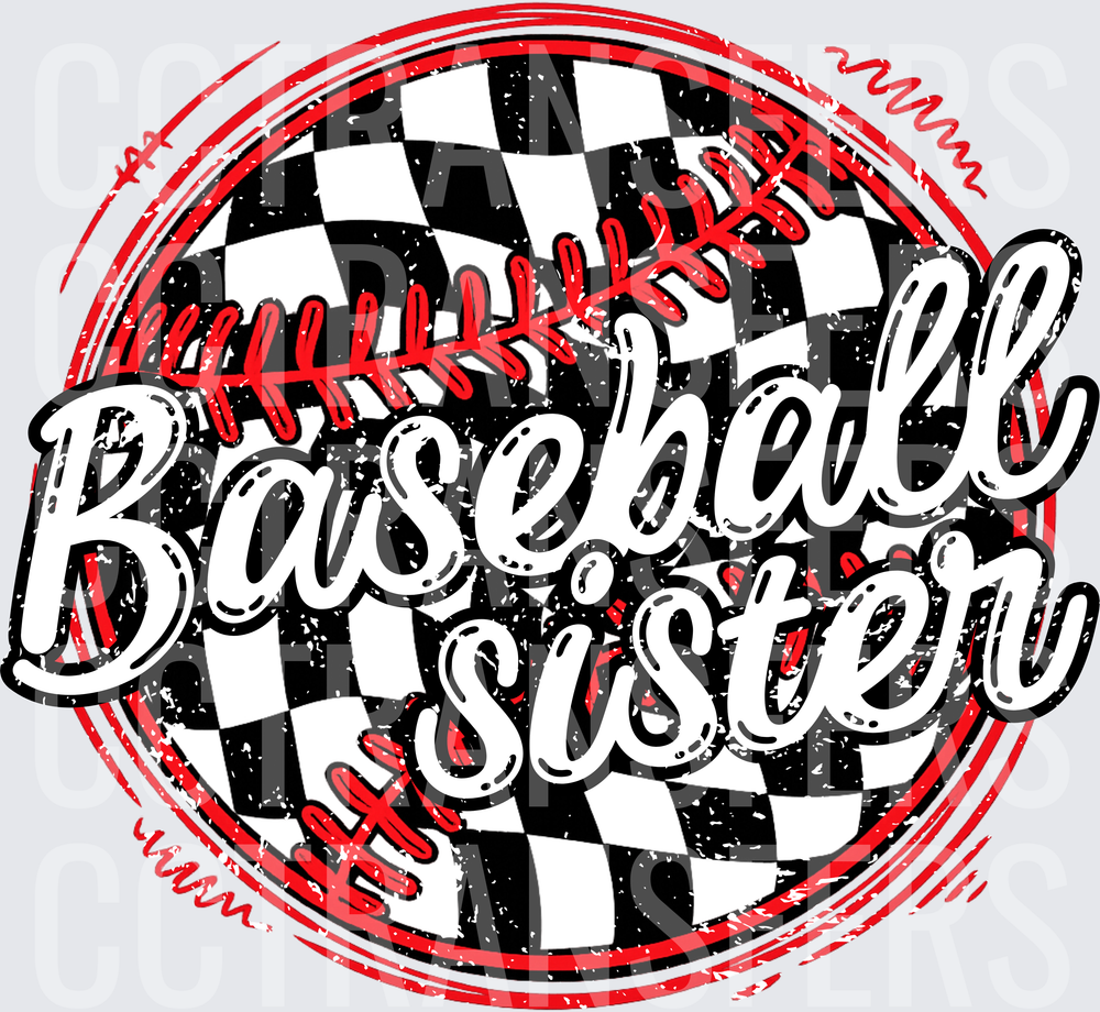 Baseball Sister Checkered Ball Distressed Script (DTF)