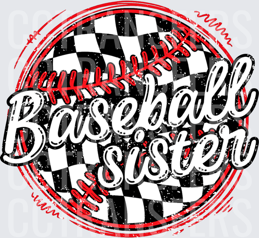 Baseball Sister Checkered Ball Distressed Script (DTF)